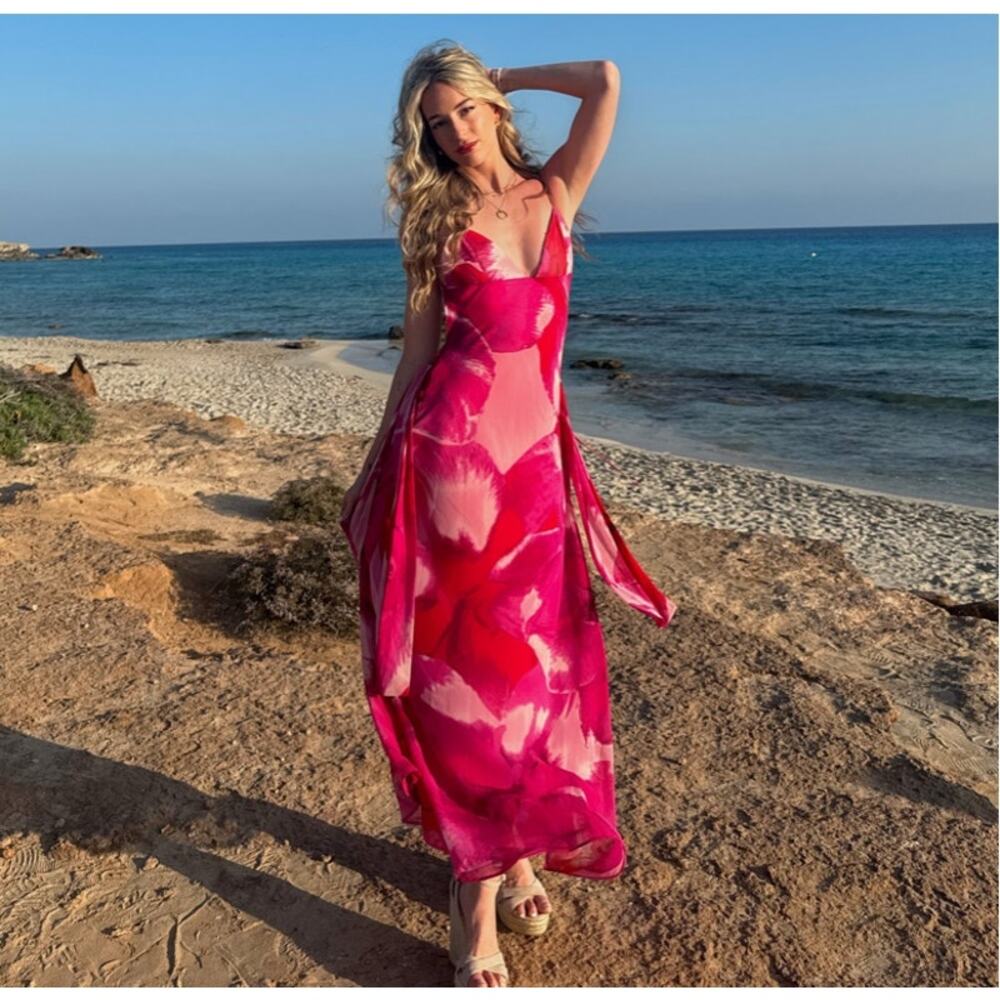 Zara NWT Pink Floral Foulard Maxi Dress Scarf S - Picture 13 of 16